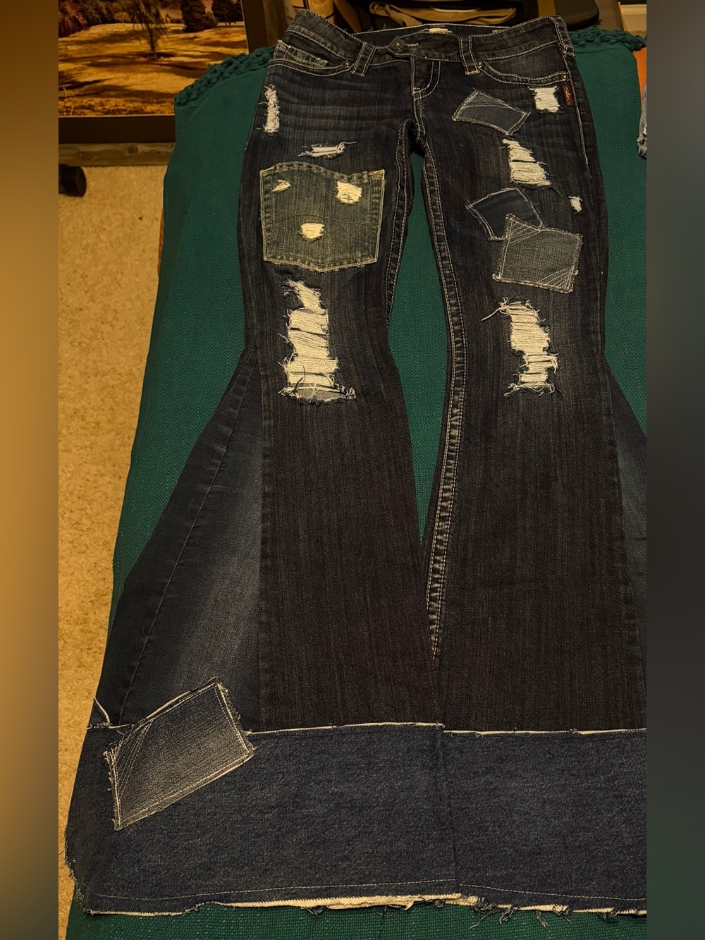Silver Jeans Dark Blue Distressed Patchwork Flare Bellbottom Jeans